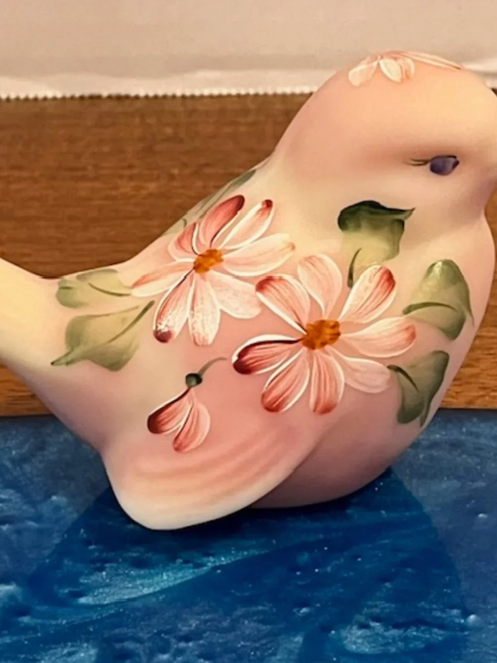 Fenton Burmese Songbird Uranium Figurine with Pink Daisies - Glows